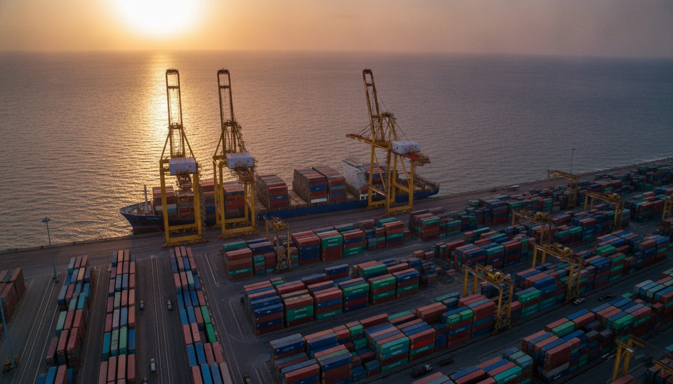 Port Sudan container terminal aerial view showing cargo ships and stacked containers where ACD Sudan certificate is mandatory