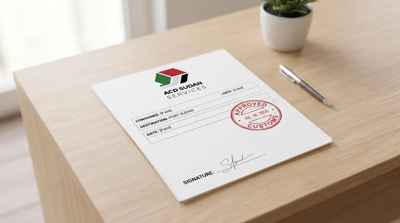 ACD Sudan certificate document for a Chinese export shipment — minimal customs paperwork prepared for Port Sudan clearance.