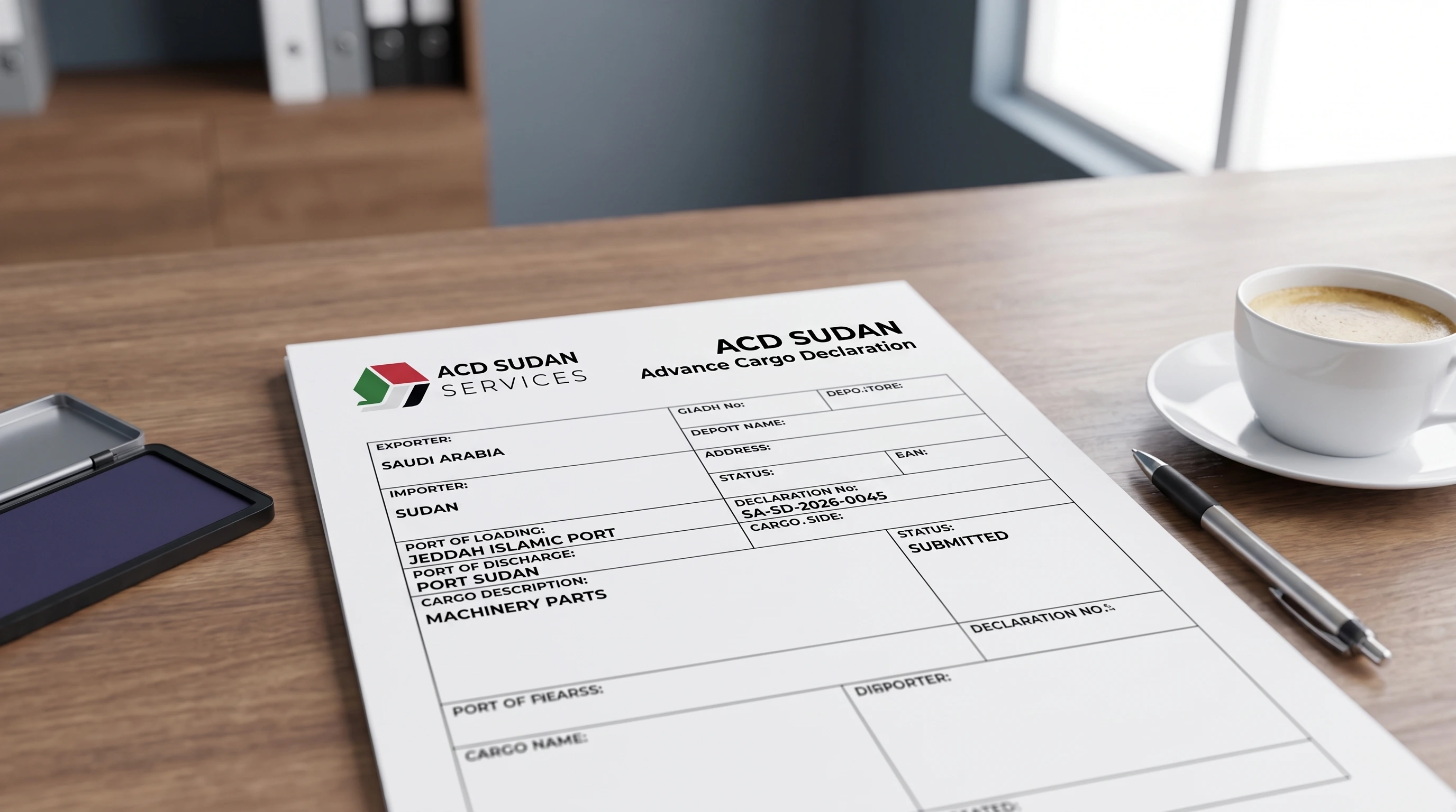 ACD Sudan certificate documentation process for Saudi Arabian export shipments to Port Sudan.