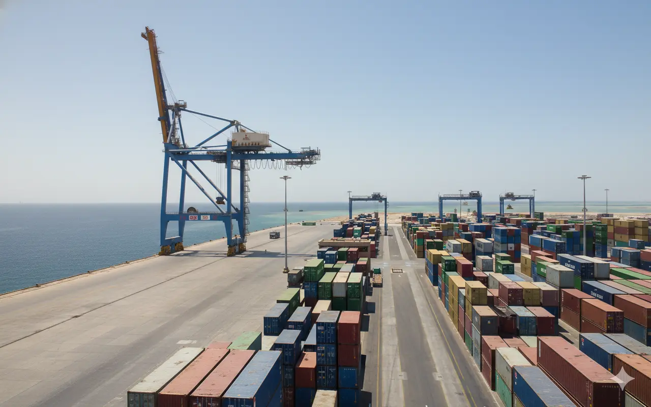 Aerial view of Port Sudan container terminal showing cargo ships, stacked containers, and port cranes at the Red Sea coast